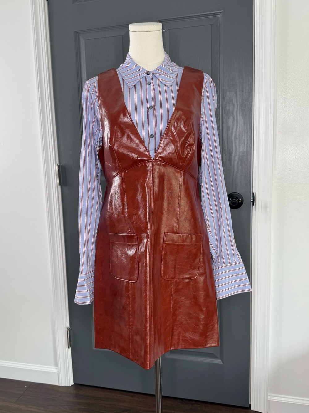Cinq a Sept Tade Faux Leather Pinafore Shirtdress - Picture 2 of 6